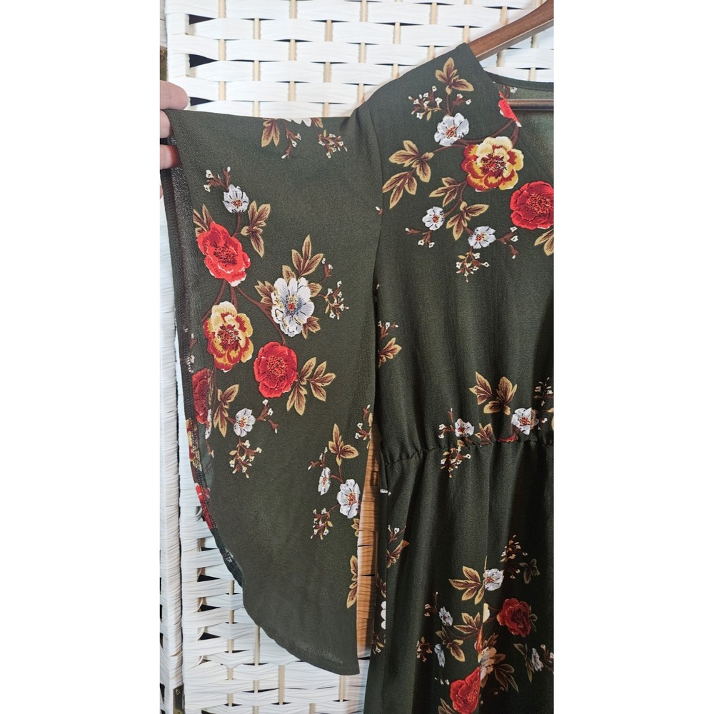 Simplee Womens Green Floral Dress Sz L Bloomcore Cottagecore Boho Missing Belt - Picture 2 of 11
